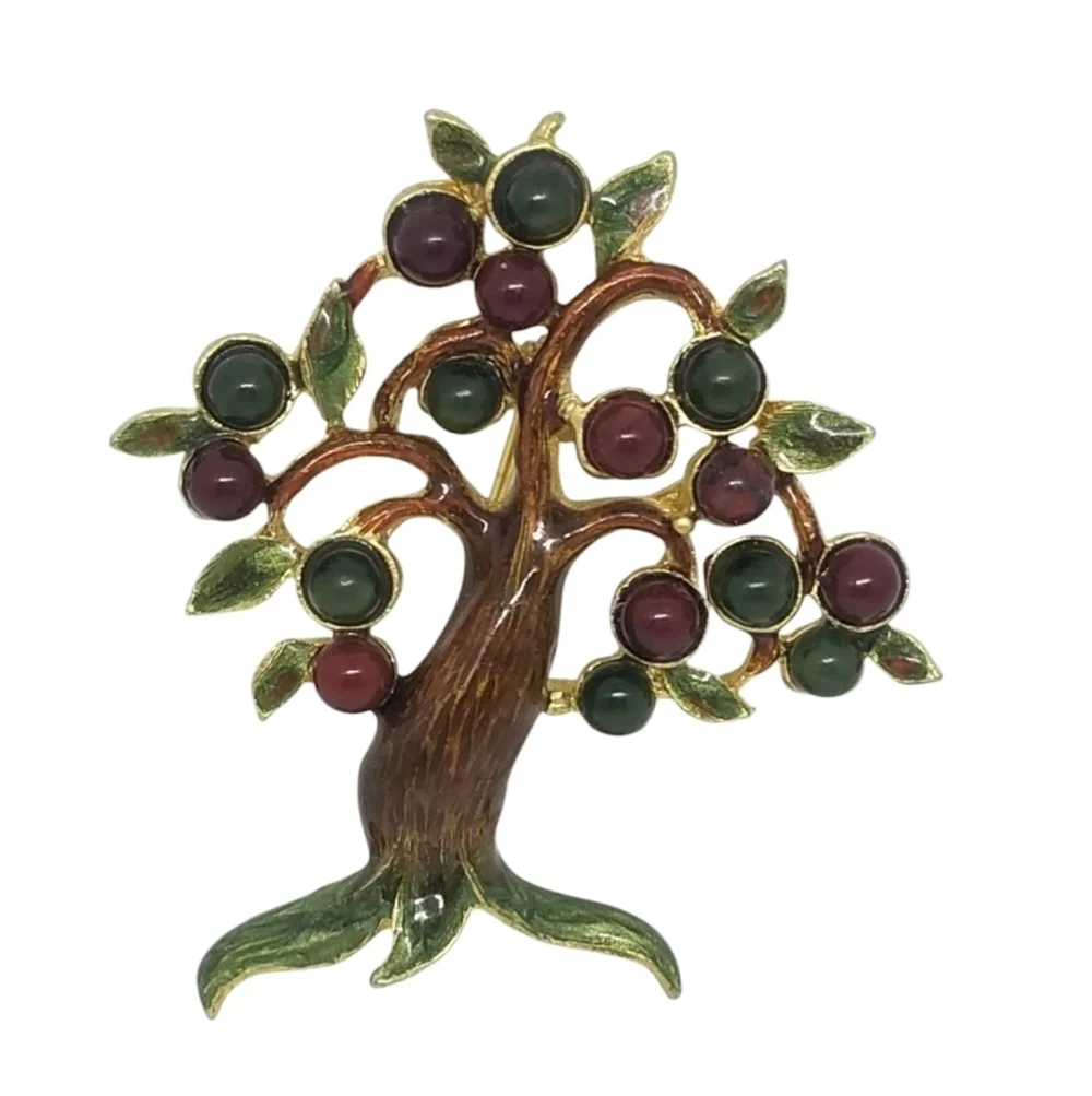 MUSEUM REPRODUCTIONS GOLDPLATE & ENAMEL WITH JASPER & CHRYSOPHASE TREE BROOCH